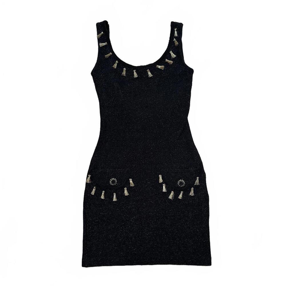 VINTAGE 90s BETSEY JOHNSON LUXE Black Knit Mini Shimmer Dress Gold Tassel SIZE P
